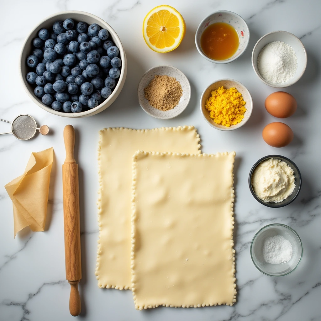 Blueberry Cream Cheese Puff Pastry Ingredients Flat Lay Fresh ingredients for blueberry cream cheese puff pastry including blueberries, puff pastry, cream cheese, sugar, and lemon zest on a kitchen counter.