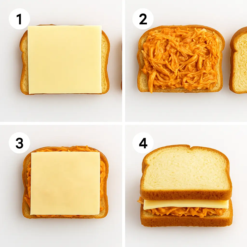 Buffalo Chicken Grilled Cheese Recipe 4 (2) Step-by-step process of making Buffalo Chicken Grilled Cheese, from preparing the chicken to assembling the sandwich.