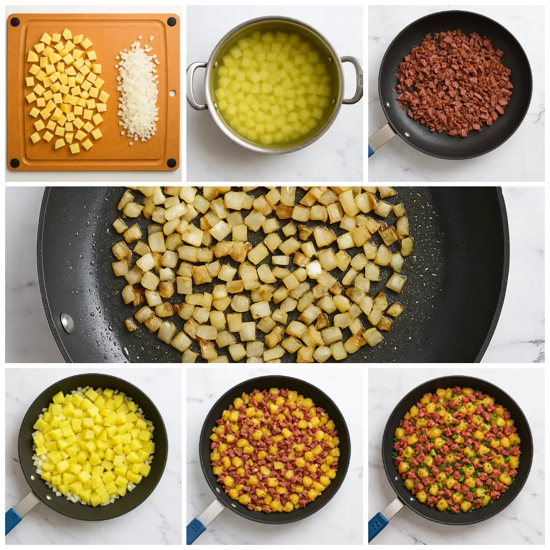 Step-by-Step Corned Beef Hash Preparation Cooking the corned beef hash: sautéing onions, browning corned beef, and crisping potatoes in a skillet."