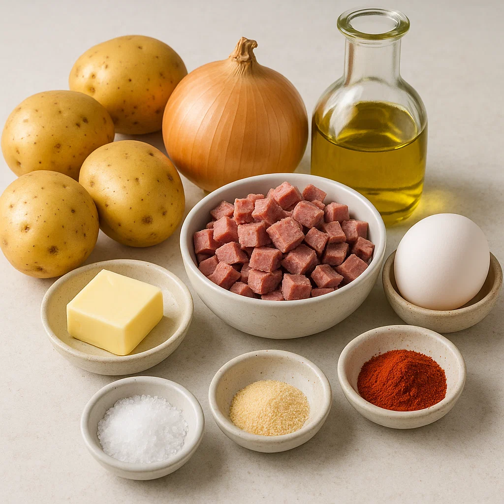 Corned Beef Hash Ingredients Fresh ingredients for corned beef hash: Yukon Gold potatoes, yellow onion, cooked corned beef, olive oil, butter, garlic powder, smoked paprika, salt, black pepper, and a fried egg.