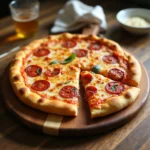 A freshly baked cottage cheese pizza with pepperoni and basil, one slice pulled out on a wooden board.
