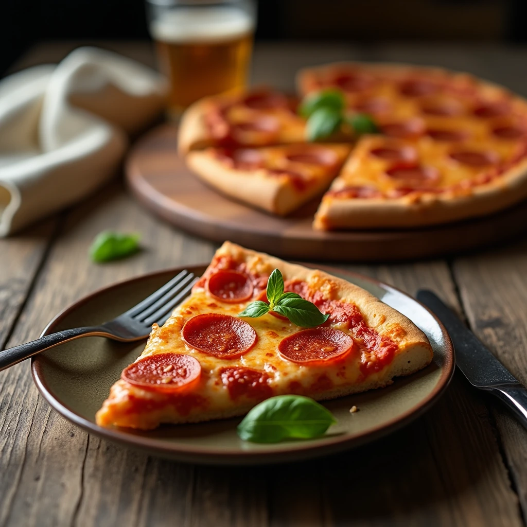 Cottage Cheese Pizza Crust 2 A freshly baked cottage cheese pizza with pepperoni and basil, one slice pulled out on a wooden board.