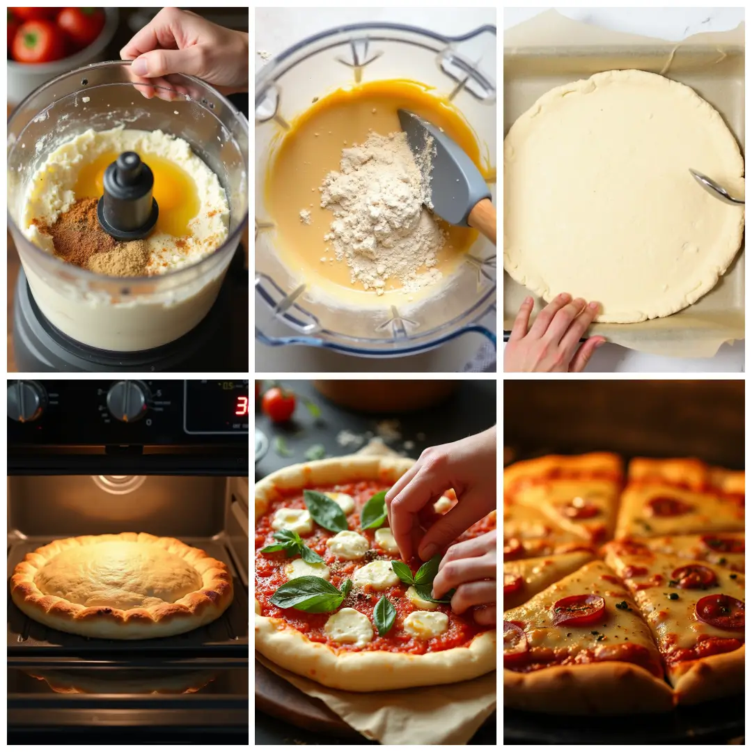 Cottage Cheese Pizza Crust 3 Step-by-step process of making cottage cheese pizza crust, from mixing the ingredients to spreading and baking.