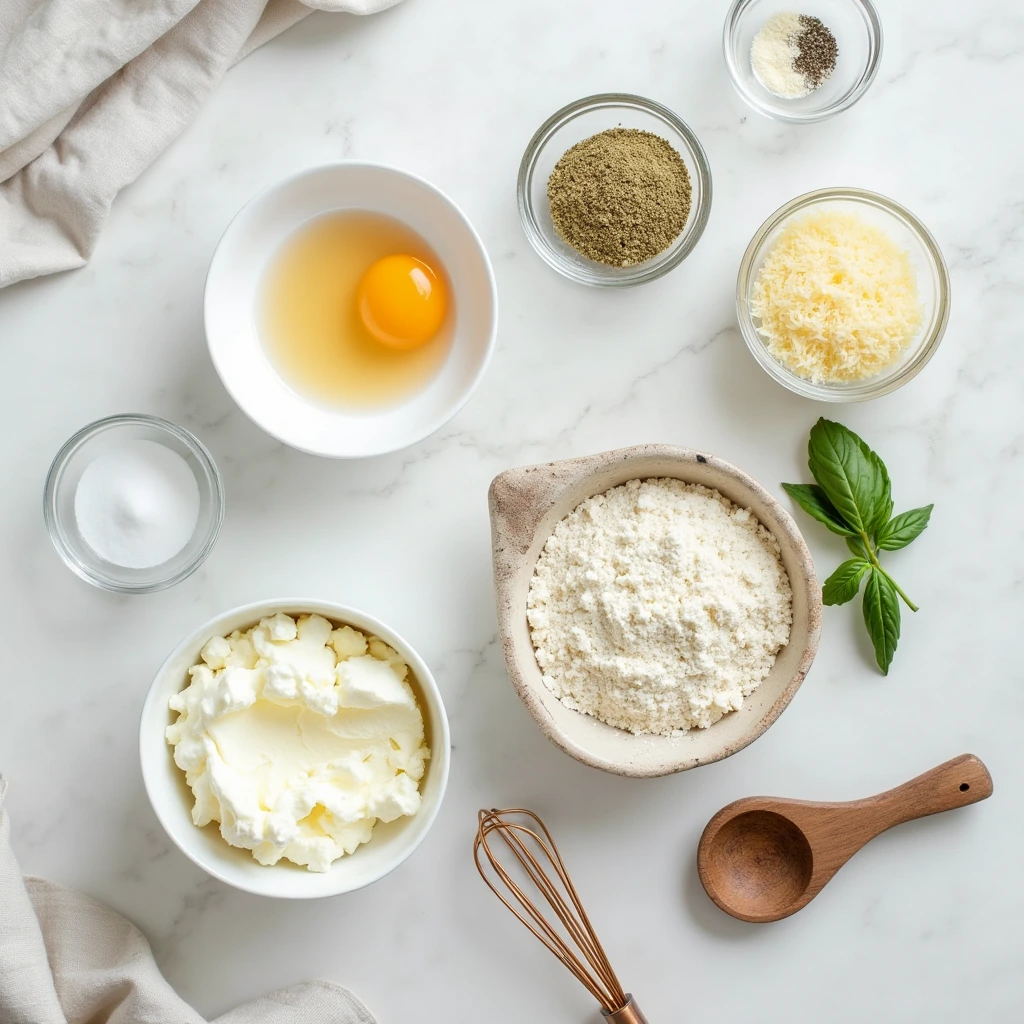 Cottage Cheese Pizza Crust Fresh ingredients laid out for making cottage cheese pizza crust, including cottage cheese, almond flour, eggs, herbs, and seasonings.