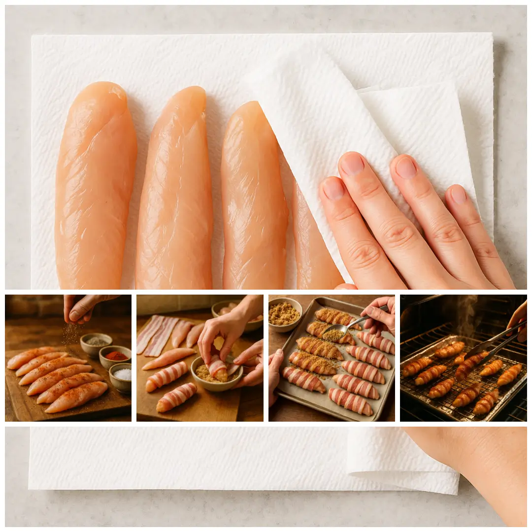 Step-by-step preparation of Bacon Brown Sugar Chicken Tenders showing seasoning, wrapping with bacon, and coating with sugar