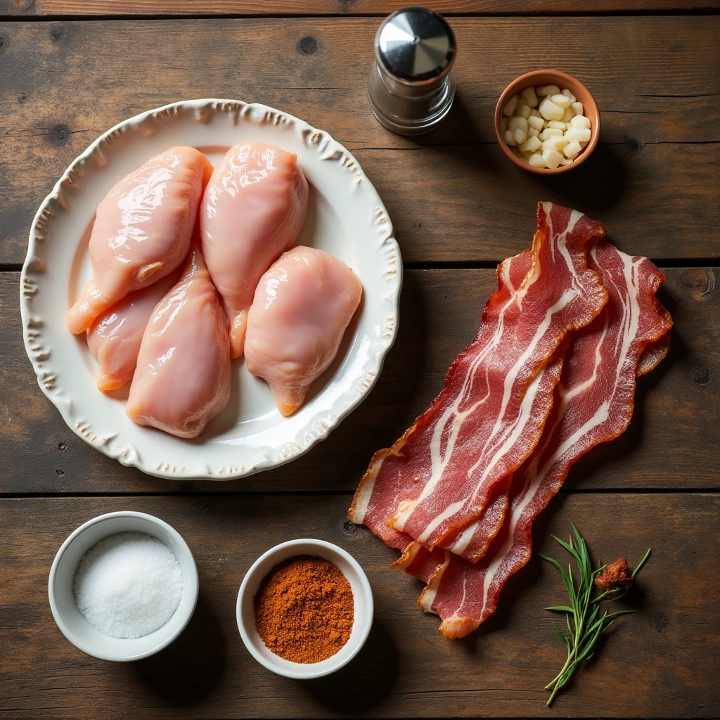 Ingredients for Bacon Brown Sugar Chicken Tenders including raw chicken tenders, bacon, brown sugar, and spices