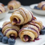 Freshly baked blueberry cream cheese puff pastries on a plate, dusted with powdered sugar and garnished with blueberries.