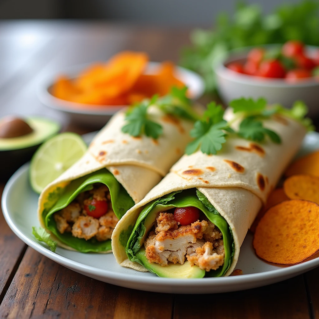 Final Presentation of Chicken Avocado Wrap Recipe Chicken Avocado Wrap served with chips and salad