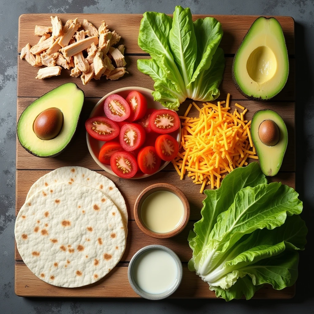 Chicken Avocado Wrap Ingredients on Wooden Board Fresh ingredients laid out for Chicken Avocado Wrap Recipe