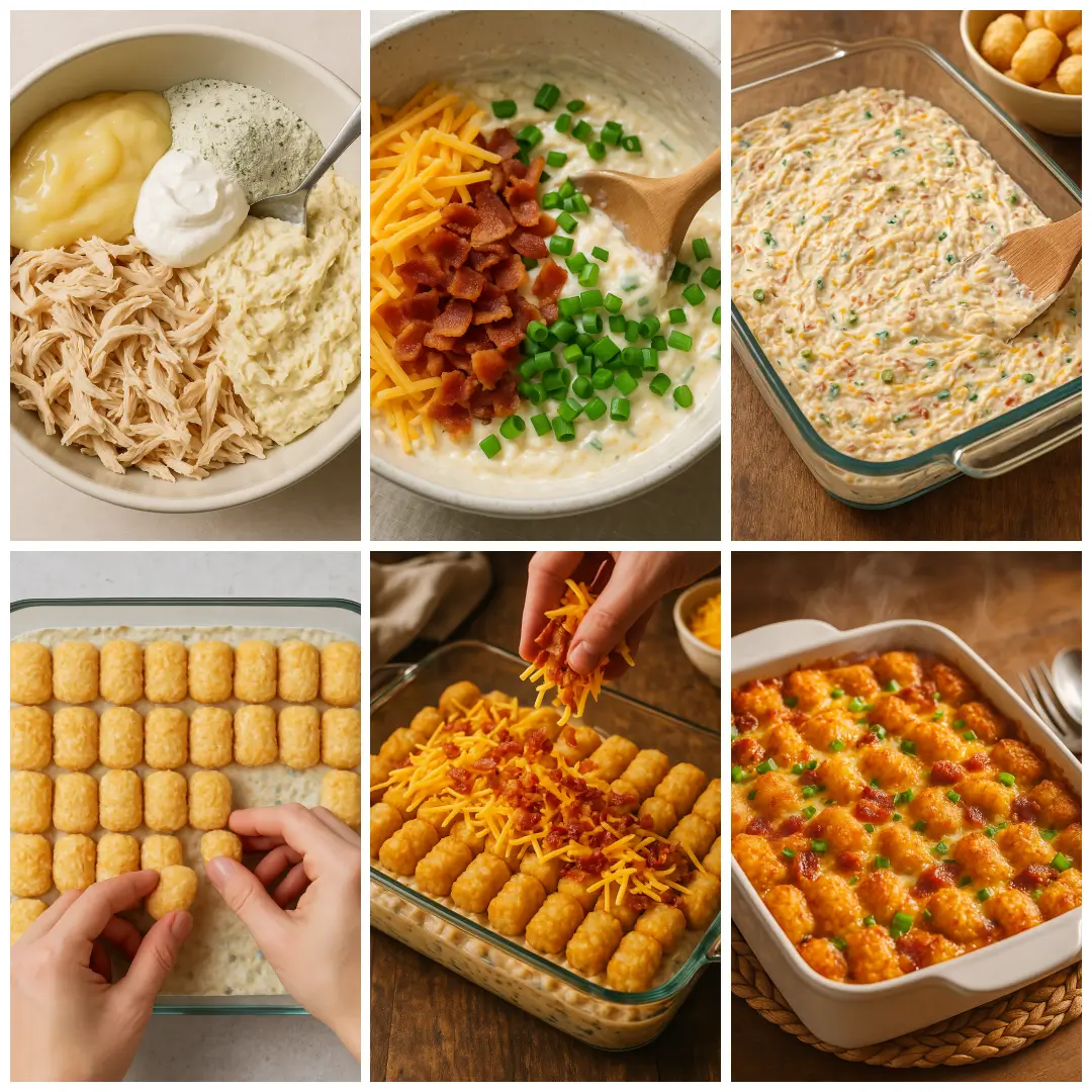 chicken-bacon-ranch-tater-tot-casserole-2 Hand sprinkling shredded cheddar cheese and crispy bacon over a layer of tater tots in a clear 9x13 baking dish.