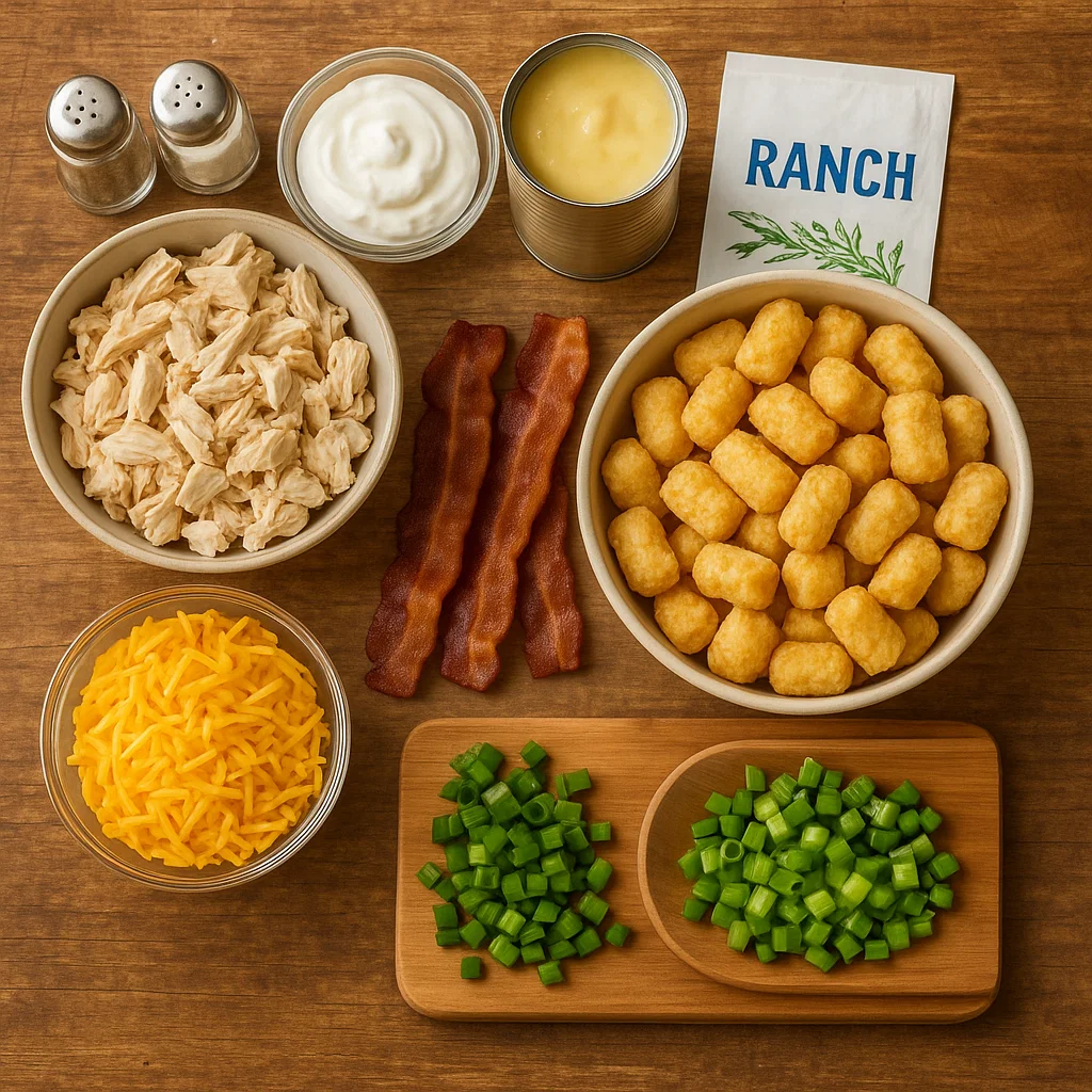 chicken-bacon-ranch-tater-tot-casserole Flat lay of ingredients for chicken bacon ranch tater tot casserole including shredded chicken, cream of chicken soup, sour cream, ranch seasoning, cheese, bacon, tater tots, and green onions on a wooden table.