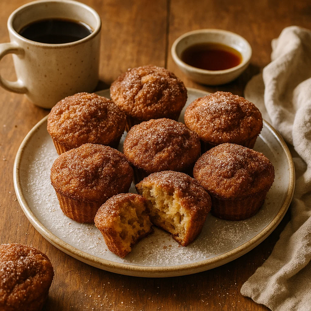 Cinnamon Sugar French Toast Muffins with Honey Drizzle Golden brown cinnamon sugar French toast muffins on a ceramic plate, one broken open to reveal the soft inside, with honey drizzled on top.