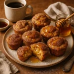 Golden brown cinnamon sugar French toast muffins on a ceramic plate, one broken open to reveal the soft inside, with honey drizzled on top.