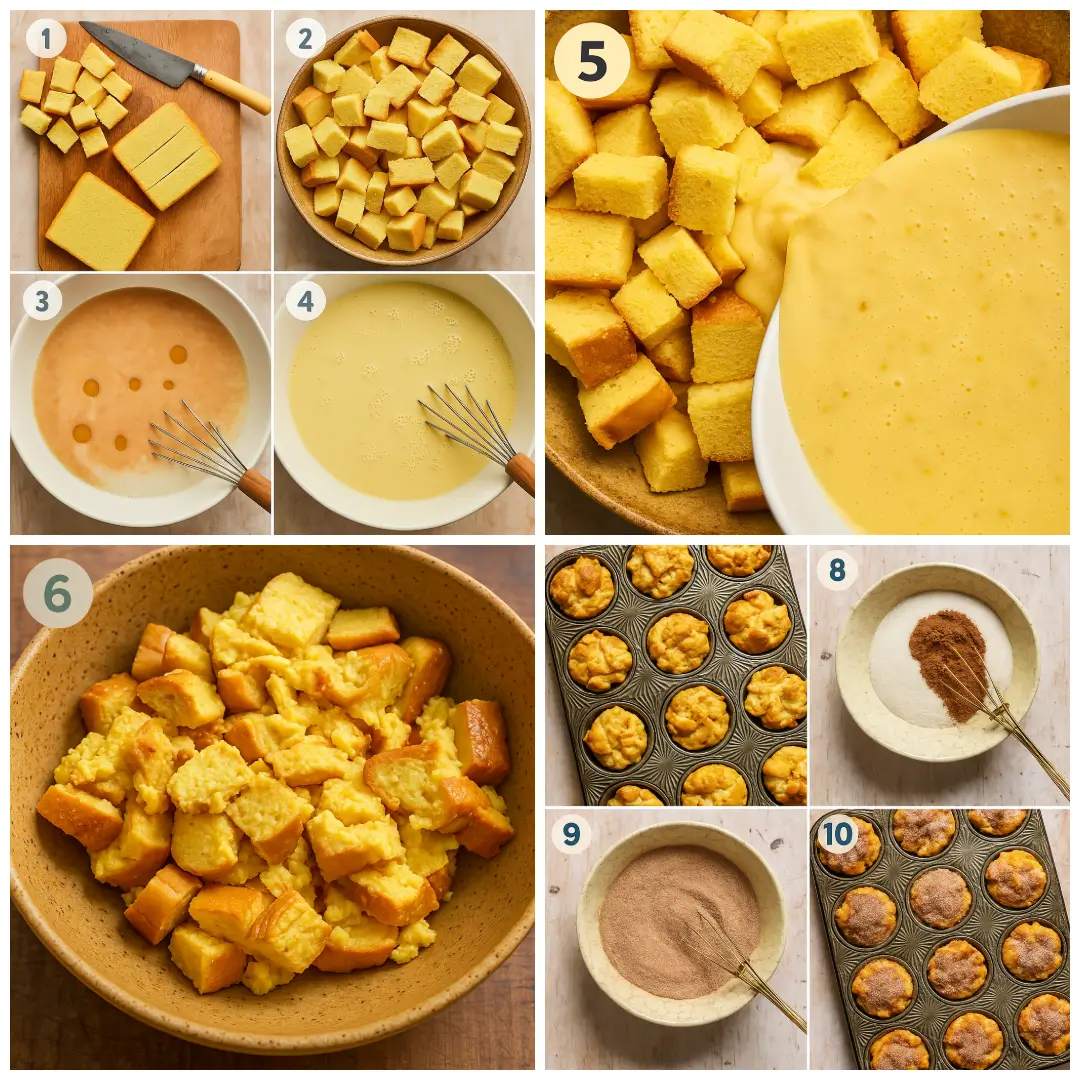 Step-by-Step: Making Cinnamon Sugar French Toast Muffins Step-by-step photos showing how to mix custard, soak brioche cubes, fill muffin tins, and sprinkle cinnamon sugar topping.