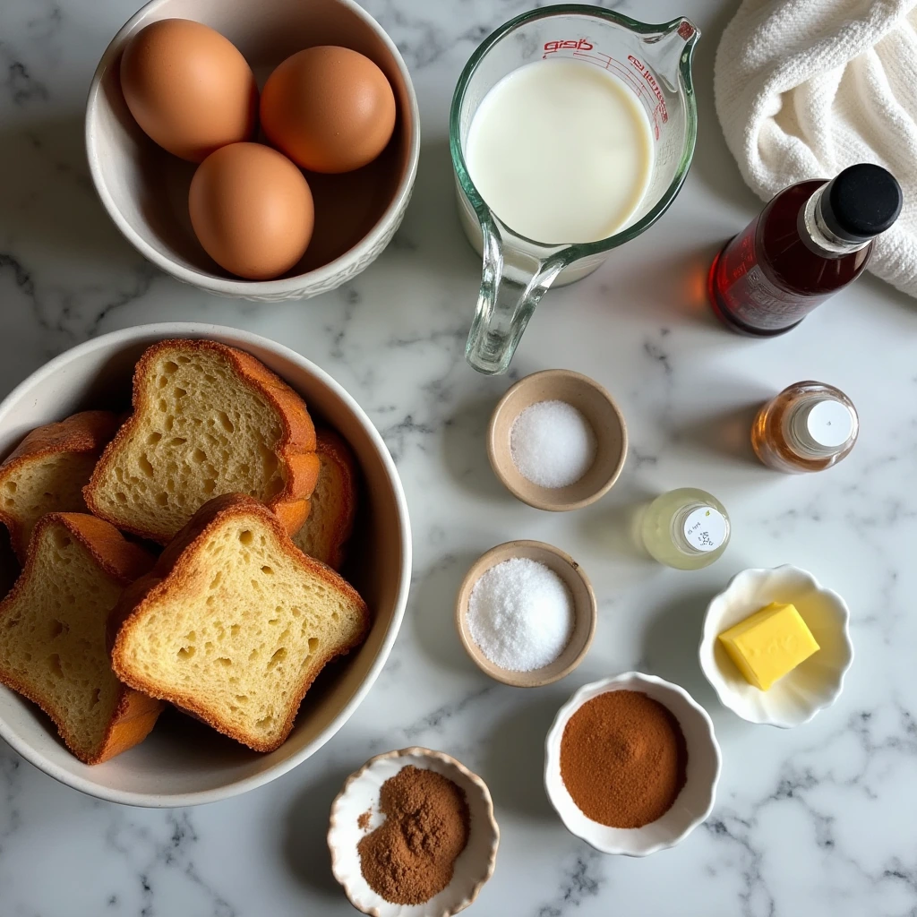 Ingredients for Cinnamon Sugar French Toast Muffins Flat lay of ingredients for cinnamon sugar French toast muffins, including cubed brioche, eggs, milk, sugar, vanilla, cinnamon, and melted butter.