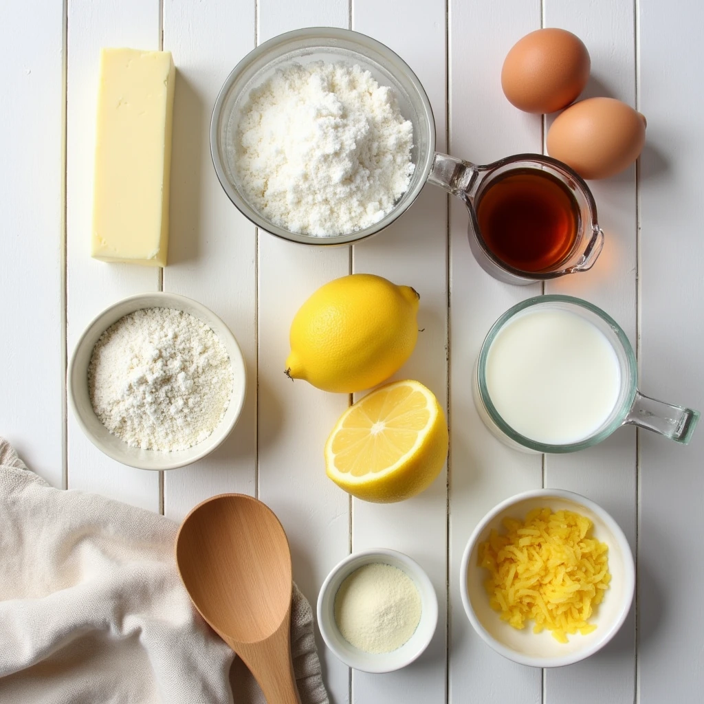 Ingredients for Homemade Lemon Cupcakes lemon cupcake ingredients including flour, sugar, eggs, milk, butter, lemon zest, and vanilla extract