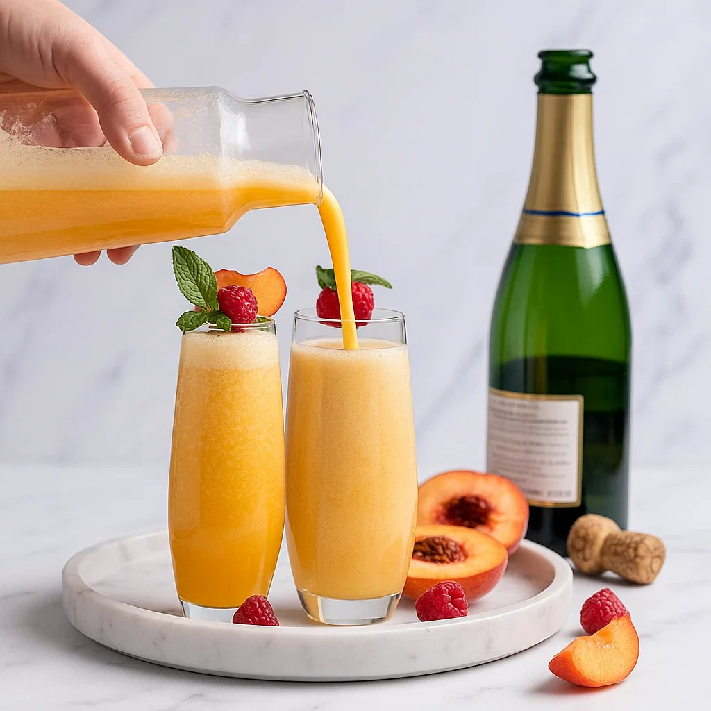 Finished Peach Bellini Mocktail Two glasses of peach Bellini mocktail garnished with peach slices and mint, set on a light tray with soft natural light.
