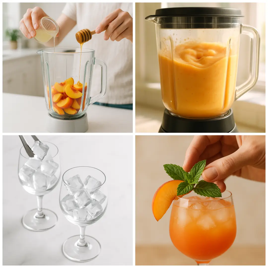 Peach Bellini Mocktail Step-by-Step Collage of four steps making a Peach Bellini mocktail: adding peaches to blender, blending purée, straining, filling glasses with ice, pouring purée, and topping with sparkling water.