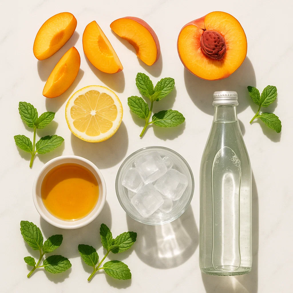Peach Bellini Mocktail Ingredients Flat lay of peach Bellini mocktail ingredients on a white marble surface: sliced peaches, lemon half, bowl of honey, sparkling water bottle, ice cubes, and mint sprigs.
