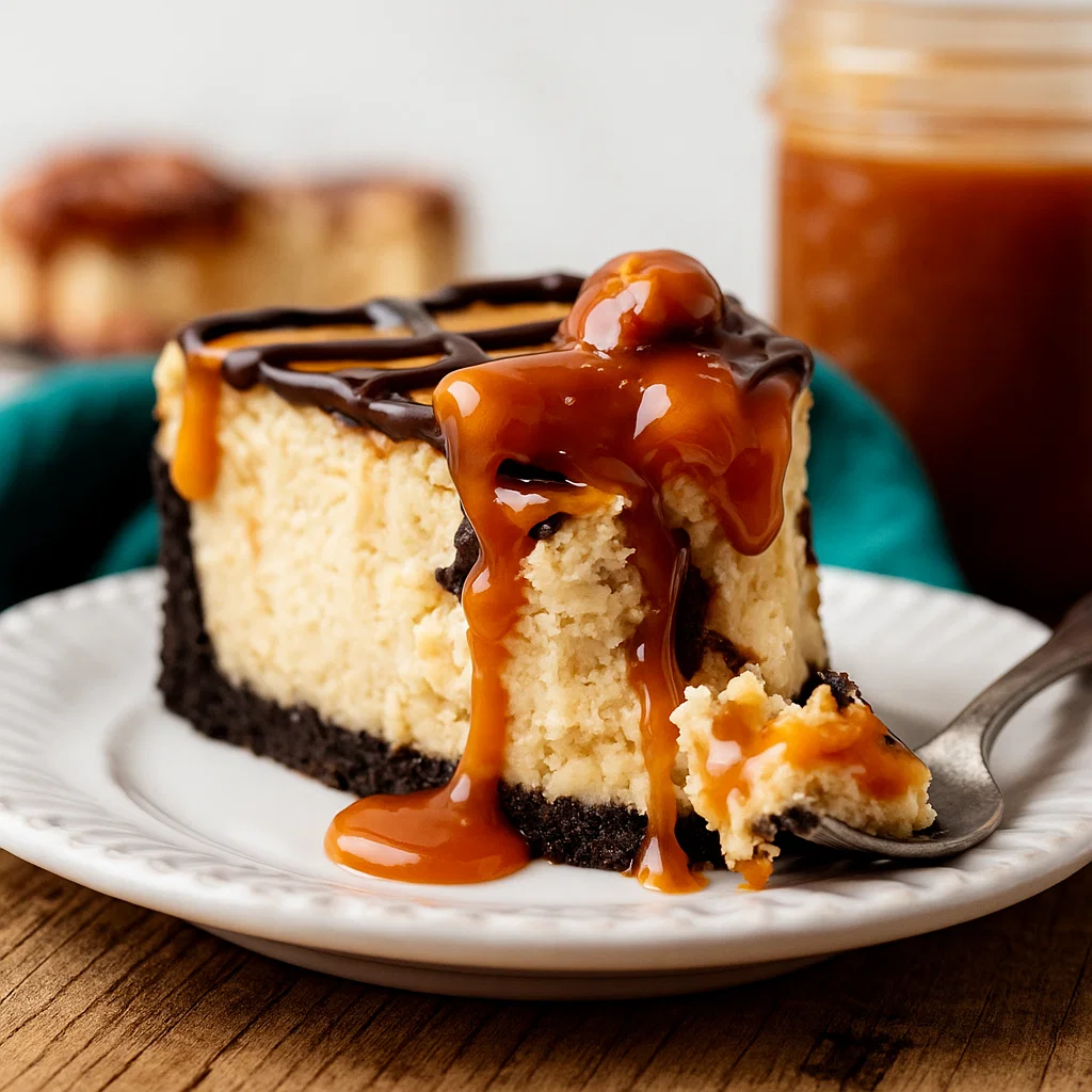 The Ultimate Turtle Cheesecake – Rich, Creamy, and Decadent A slice of Turtle Cheesecake on a dessert plate with visible layers of chocolate crust, creamy cheesecake filling, and caramel-pecan topping.