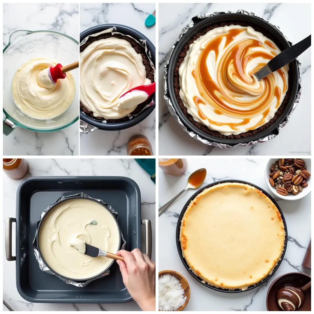 Step-by-Step: How to Make a Classic Turtle Cheesecake A step-by-step visual guide to making Turtle Cheesecake, showing the process from crushing cookies for the crust, mixing and baking the cheesecake filling, to topping it with caramel, chocolate, and pecans.