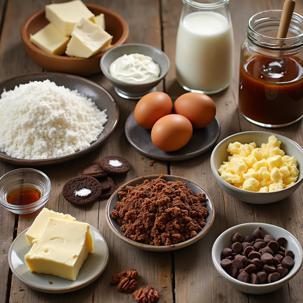 Turtle Cheesecake Ingredients: Everything You Need to Get Started Flat lay of Turtle Cheesecake ingredients including cream cheese, chocolate cookie crumbs, caramel sauce, eggs, and chopped pecans on a rustic wooden countertop.