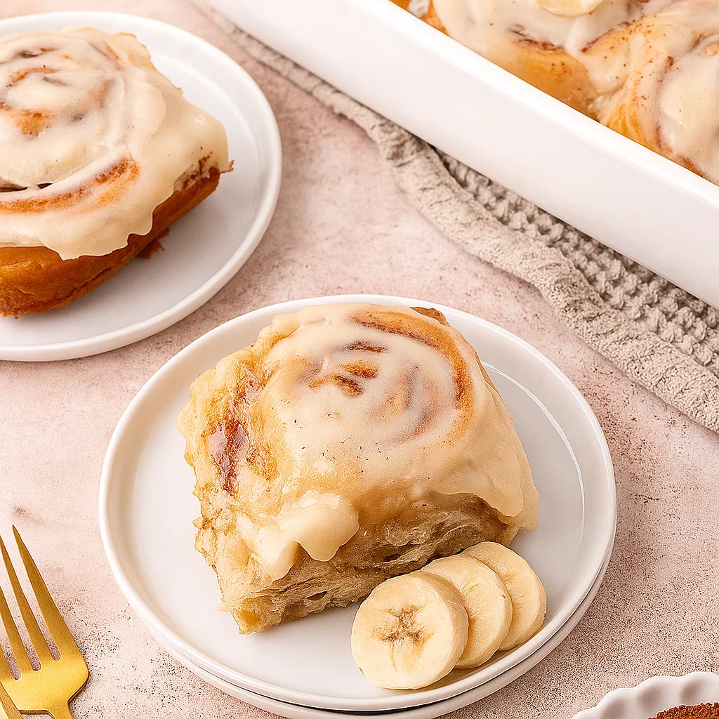 Banana Bread Cinnamon Rolls Finished Banana Bread Cinnamon Rolls with cream cheese frosting drizzled on top.