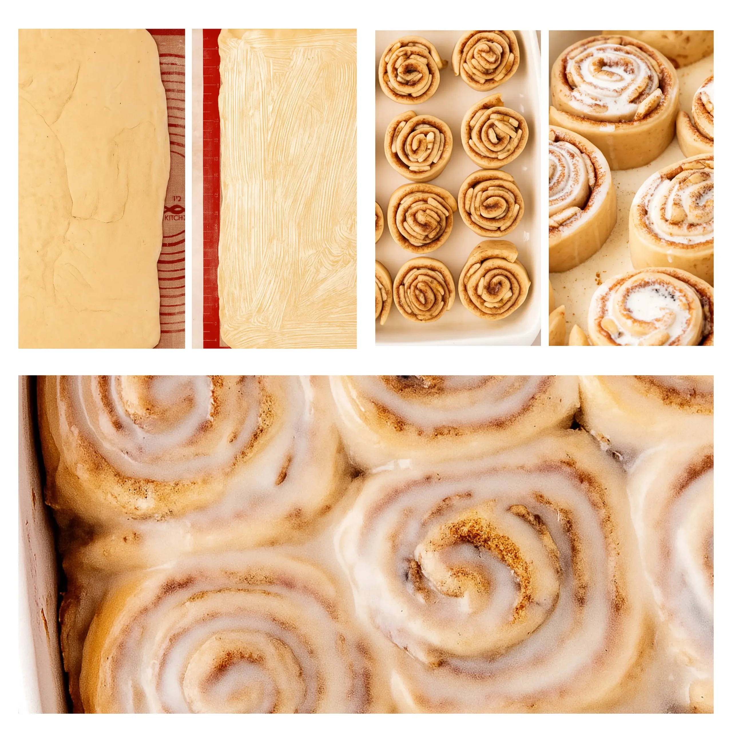 Banana Bread Cinnamon Rolls Step-by-step images of making Banana Bread Cinnamon Rolls, from mixing dough to rolling and baking.