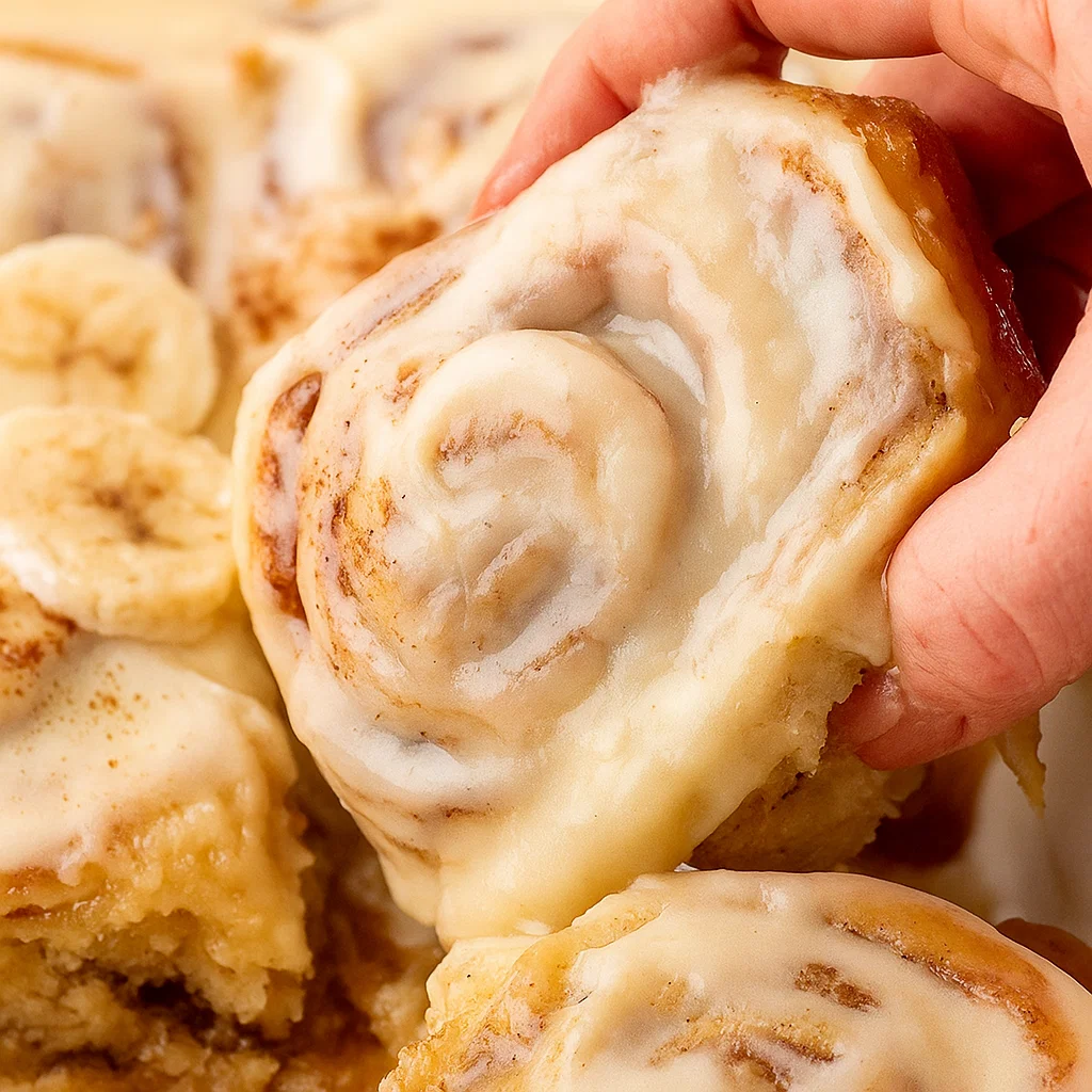 Banana Bread Cinnamon Rolls Finished Banana Bread Cinnamon Rolls with cream cheese frosting drizzled on top.