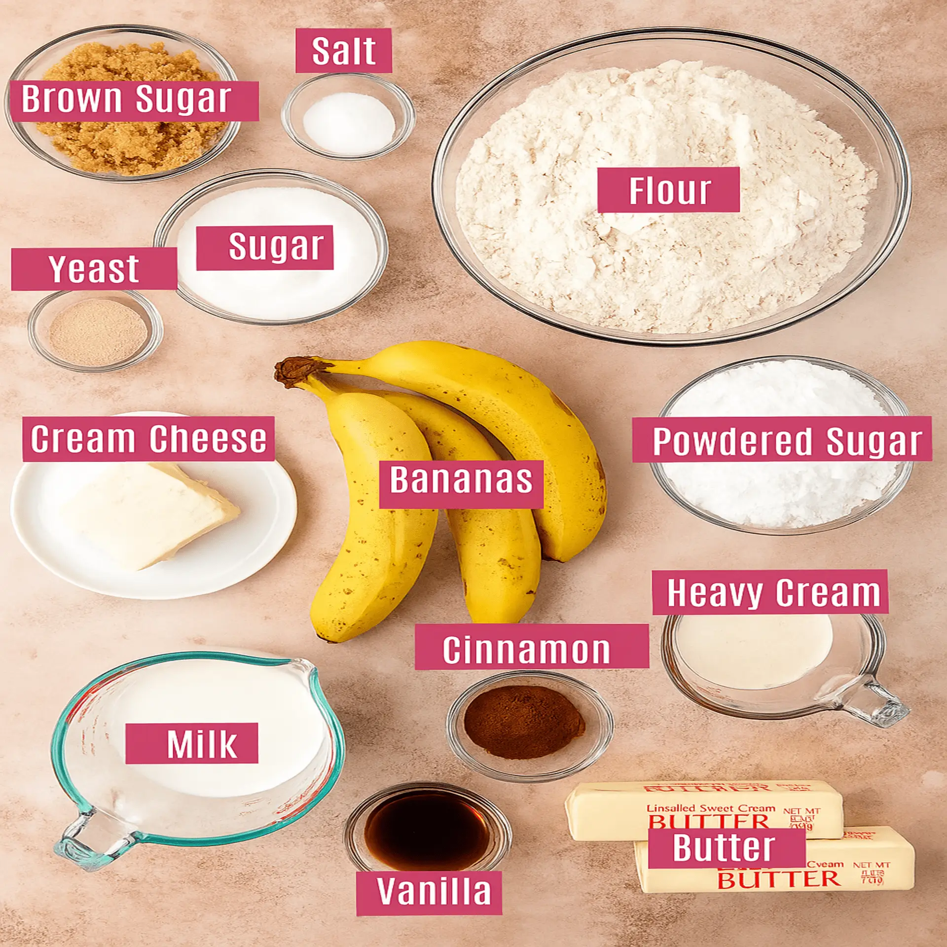 Banana Bread Cinnamon Rolls "Ingredients for Banana Bread Cinnamon Rolls: flour, butter, bananas, cinnamon, brown sugar, and cream cheese frosting.
