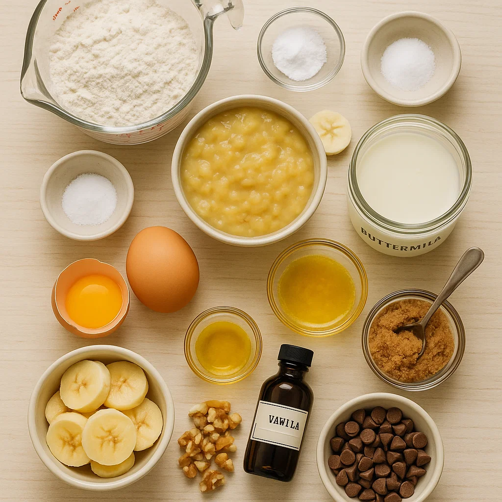 Brown Sugar Banana Pancakes Ingredients for Brown Sugar Banana Pancakes: flour, baking powder, ripe bananas, butter, eggs, buttermilk, brown sugar, vanilla extract, and optional toppings.