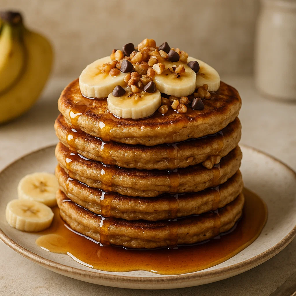 Brown Sugar Banana Pancakes Fluffy Brown Sugar Banana Pancakes topped with sliced bananas, maple syrup, and walnuts on a white plate.