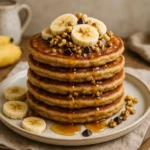 Fluffy Brown Sugar Banana Pancakes topped with sliced bananas, maple syrup, and walnuts on a white plate.