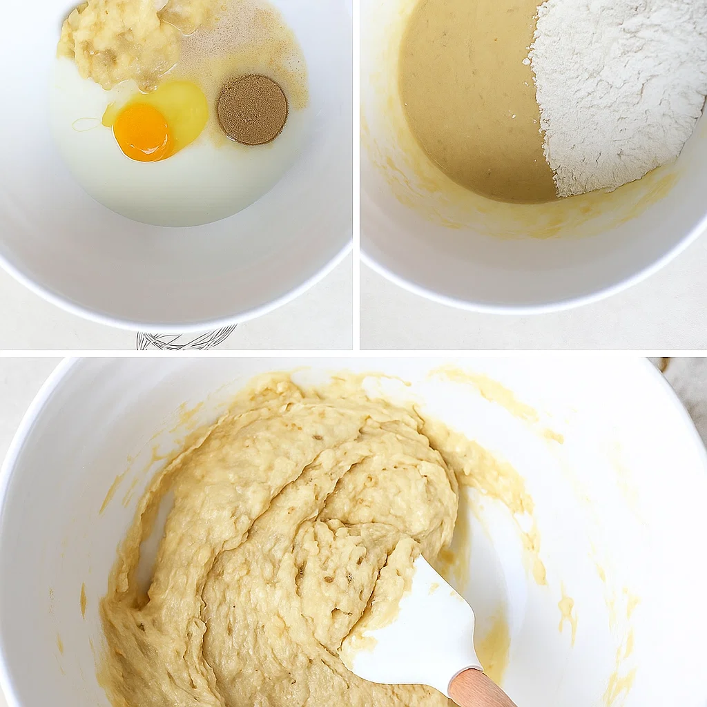 Brown Sugar Banana Pancakes Step-by-step process of making Brown Sugar Banana Pancakes – mixing ingredients and cooking pancakes on a griddle.