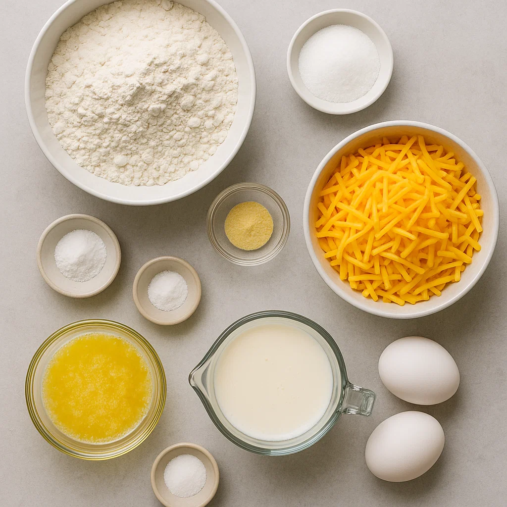 Cheese Bread – Easy Cheesy Quick Bread Ingredients for Quick Cheese Bread arranged neatly on a light gray textured surface, including flour, sugar, garlic powder, salt, baking powder, melted butter, eggs, buttermilk, and shredded cheddar cheese.