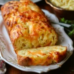 Freshly baked Quick Cheese Bread presented on a wooden board, sliced to show its soft, cheesy interior with a golden, crispy crust.