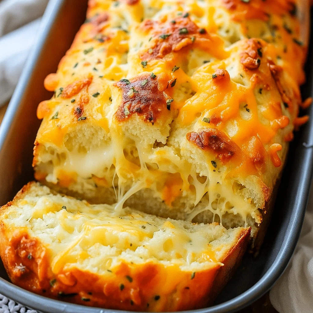 Cheese Bread – Easy Cheesy Quick Bread 3 Freshly baked Quick Cheese Bread presented on a wooden board, sliced to show its soft, cheesy interior with a golden, crispy crust.