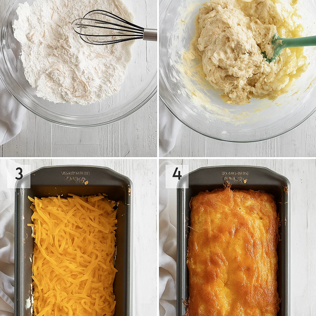Cheese Bread – Easy Cheesy Quick Bread Step-by-step process of making Quick Cheese Bread, showing the mixing of wet and dry ingredients in separate bowls before combining them.