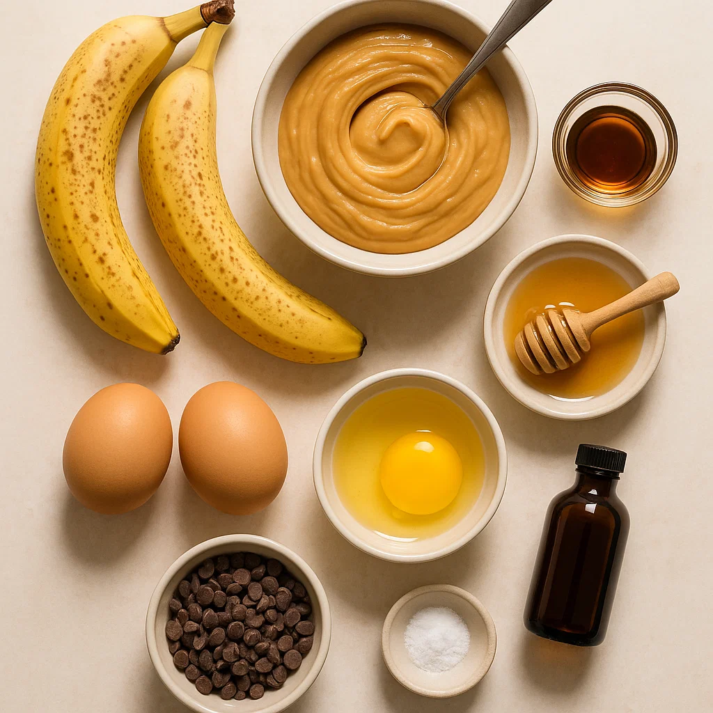 Flourless Peanut Butter Banana Muffins Flat lay of ingredients for flourless peanut butter banana muffins, including ripe bananas, eggs, peanut butter, maple syrup, honey, vanilla extract, baking soda, and chocolate chips.