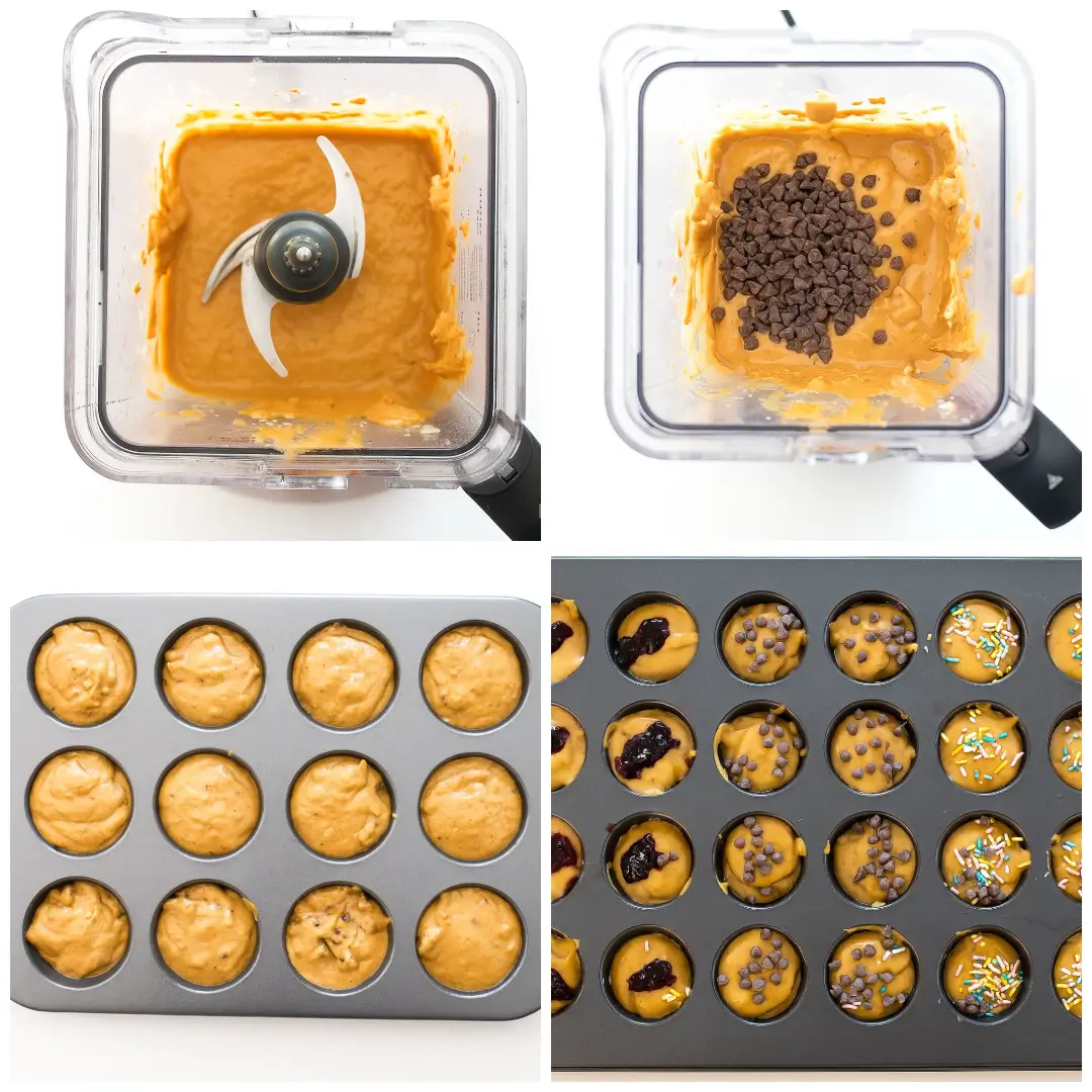 Flourless Peanut Butter Banana Muffins Preparing flourless peanut butter banana muffin batter in a blender, folding in chocolate chips, and spooning batter into a muffin tin.