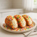 Completed Fruity Pebbles Cheesecake Tacos, garnished with colorful Fruity Pebbles cereal.
