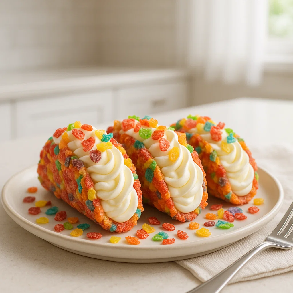 Completed Fruity Pebbles Cheesecake Tacos, garnished with colorful Fruity Pebbles cereal.