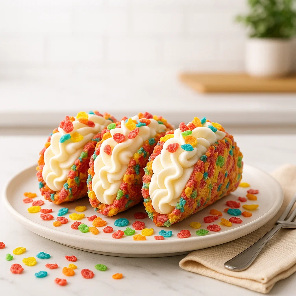 Fruity Pebbles Cheesecake Tacos Completed Fruity Pebbles Cheesecake Tacos, garnished with colorful Fruity Pebbles cereal.