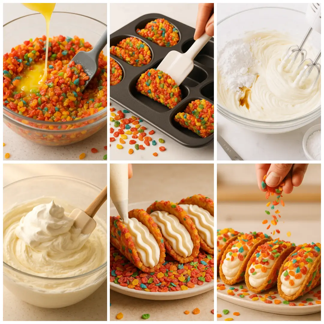 Fruity Pebbles Cheesecake Tacos Step-by-step process of assembling Fruity Pebbles Cheesecake Tacos, showing cereal mixture, filling, and taco shells being placed in Fruity Pebbles.