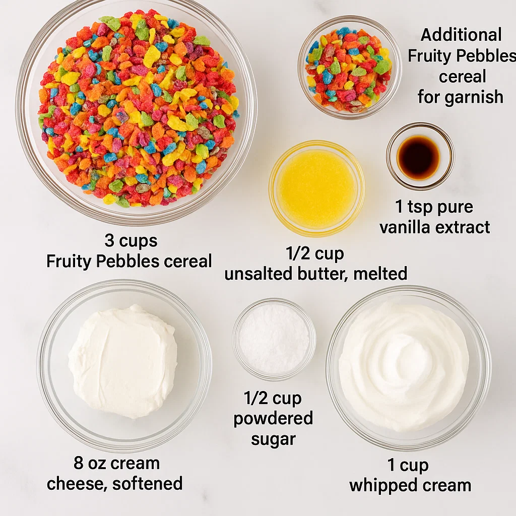 Fruity Pebbles Cheesecake Tacos Fruity Pebbles Cheesecake Tacos ingredients: Fruity Pebbles cereal, butter, cream cheese, powdered sugar, vanilla extract, whipped cream.