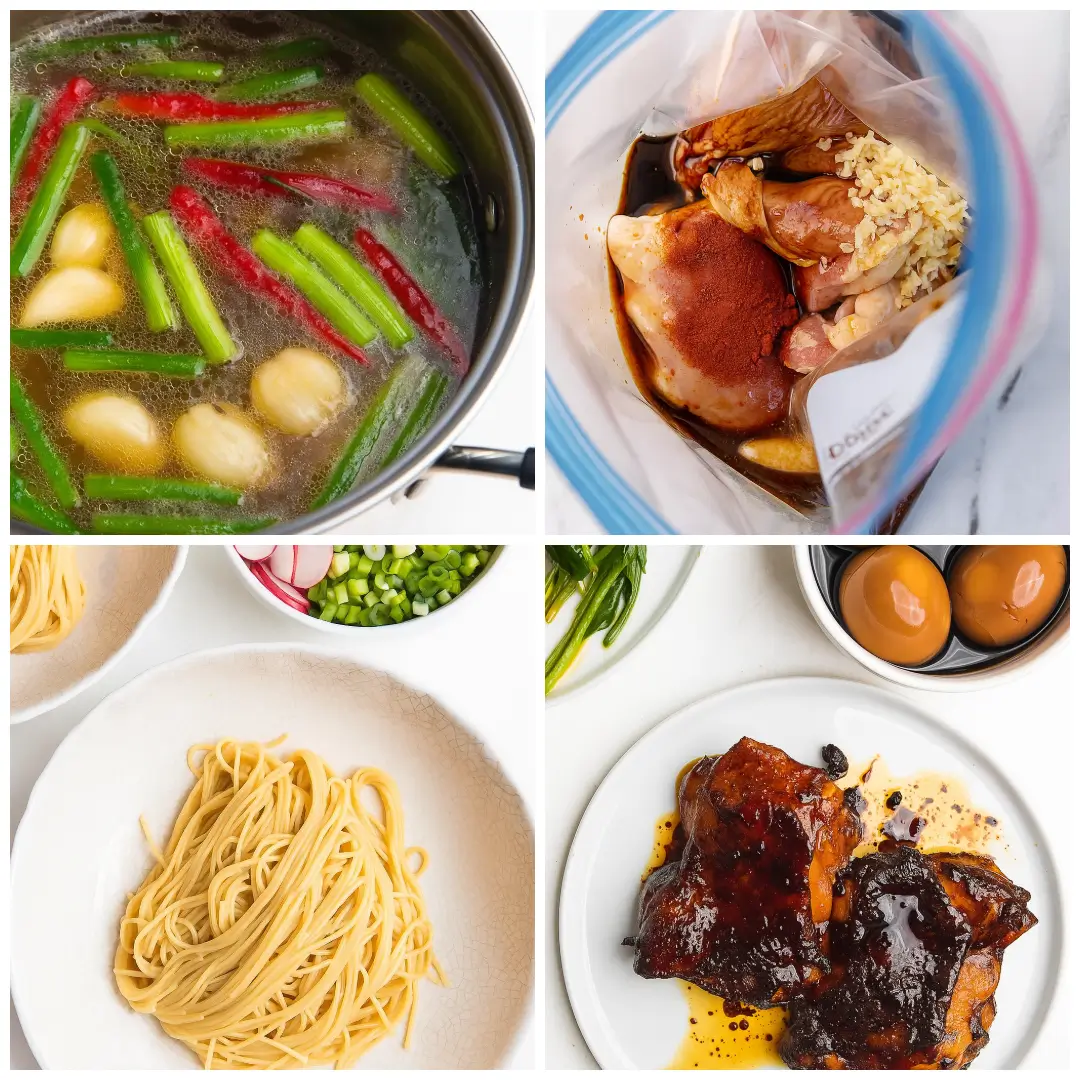Ginger Glazed Chicken Ramen Sequential cooking stages of Ginger Glazed Chicken Ramen from marination to broth preparation.