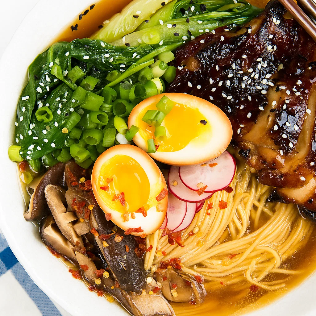 Ginger Glazed Chicken Ramen Bowl of Ginger Glazed Chicken Ramen with sliced soy chicken, ramen egg, greens, mushrooms, and scallions.