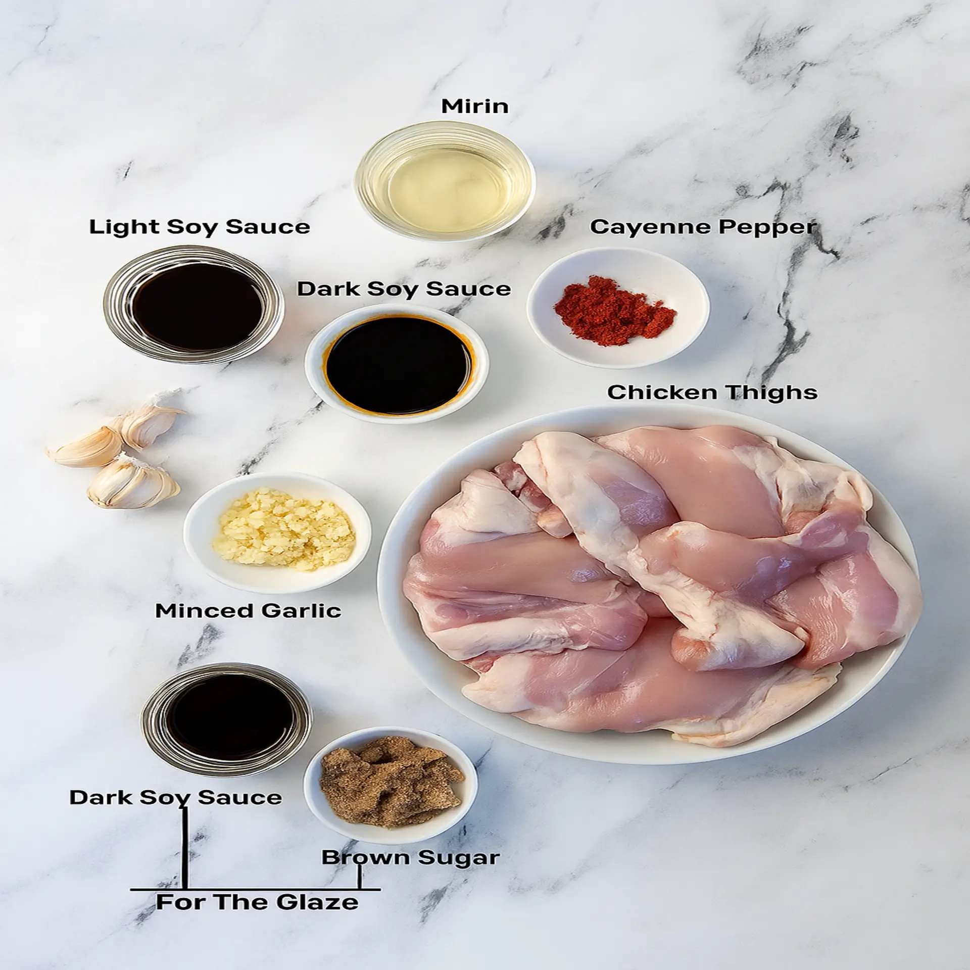 Ginger Glazed Chicken Ramen Flat lay of raw ingredients for Ginger Glazed Chicken Ramen on wooden surface.