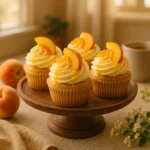 Honey Peach Cream Cheese Cupcakes elegantly presented with peach slices and a drizzle of honey on a rustic platter.