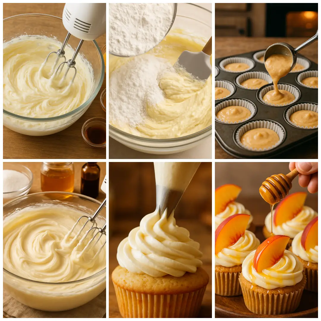 Honey Peach Cream Cheese Cupcakes Step-by-step process of making Honey Peach Cream Cheese Cupcakes — mixing, baking, and frosting.